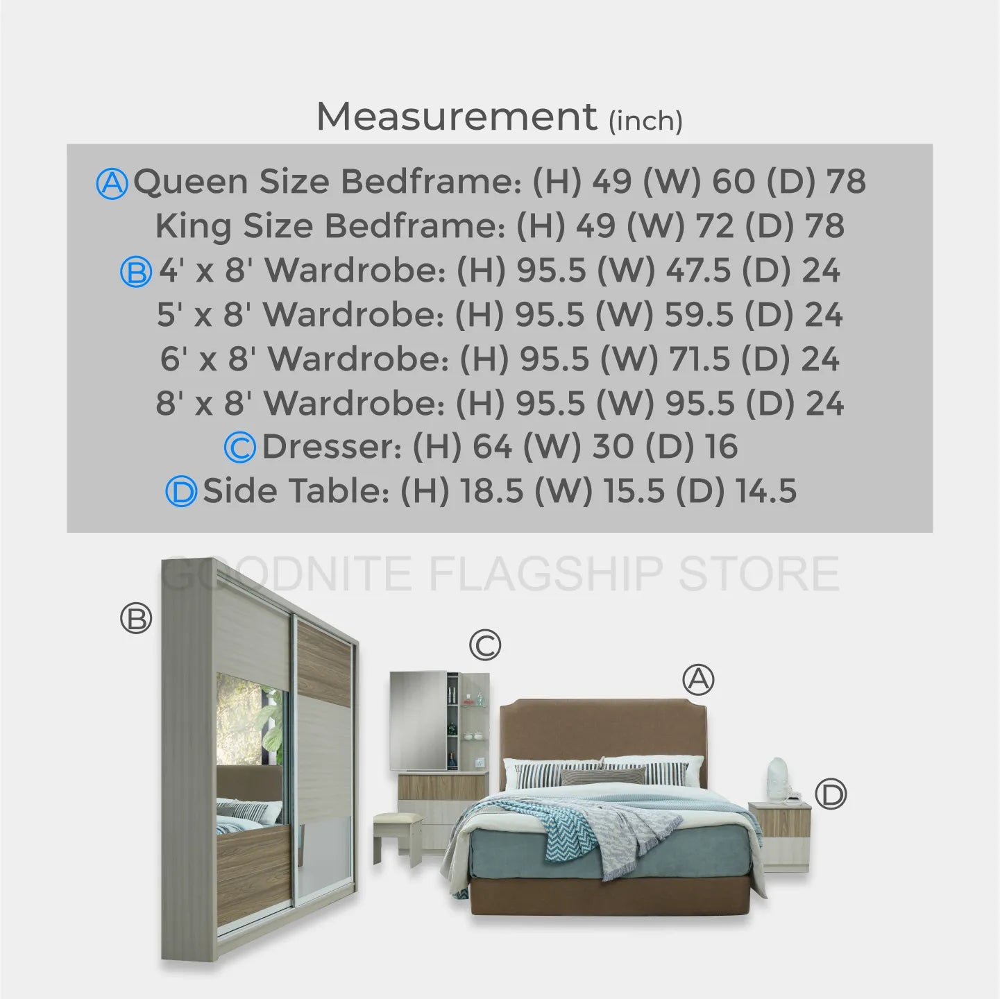 Goodnite Queen/ King Bedroom Set (HR2313), Bedframe + Wardrobe + Dresser + Side Table