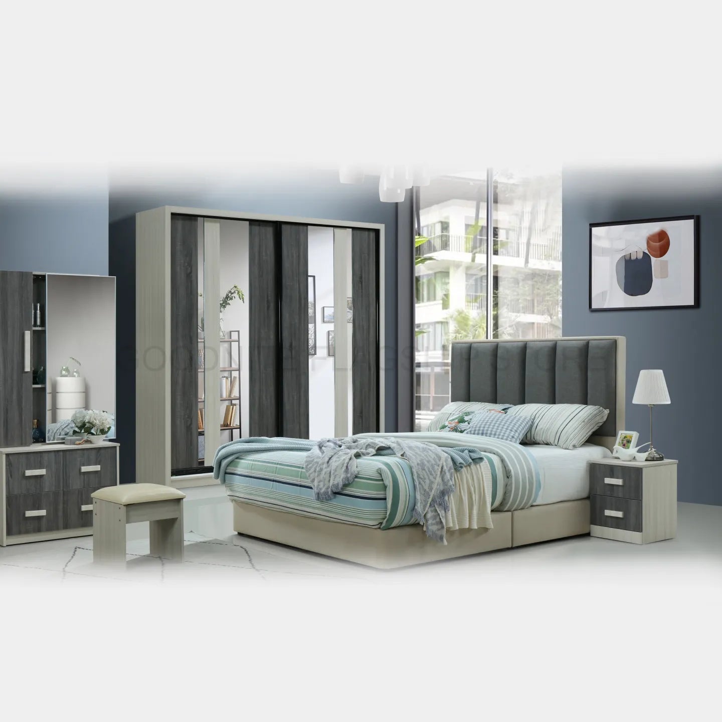 Goodnite Queen/ King Bedroom Set, Bedframe + Wardrobe + Dresser + Side Table (HR2315)