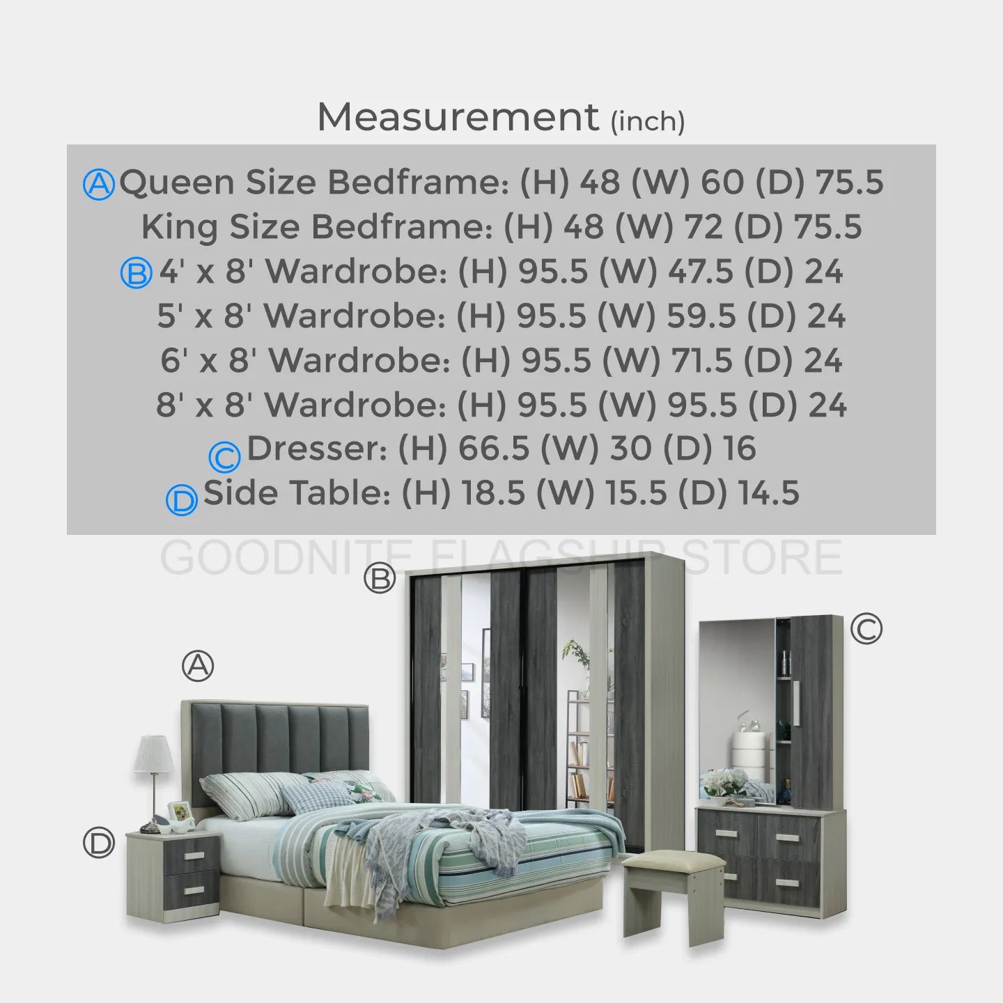 Goodnite Queen/ King Bedroom Set, Bedframe + Wardrobe + Dresser + Side Table (HR2315)