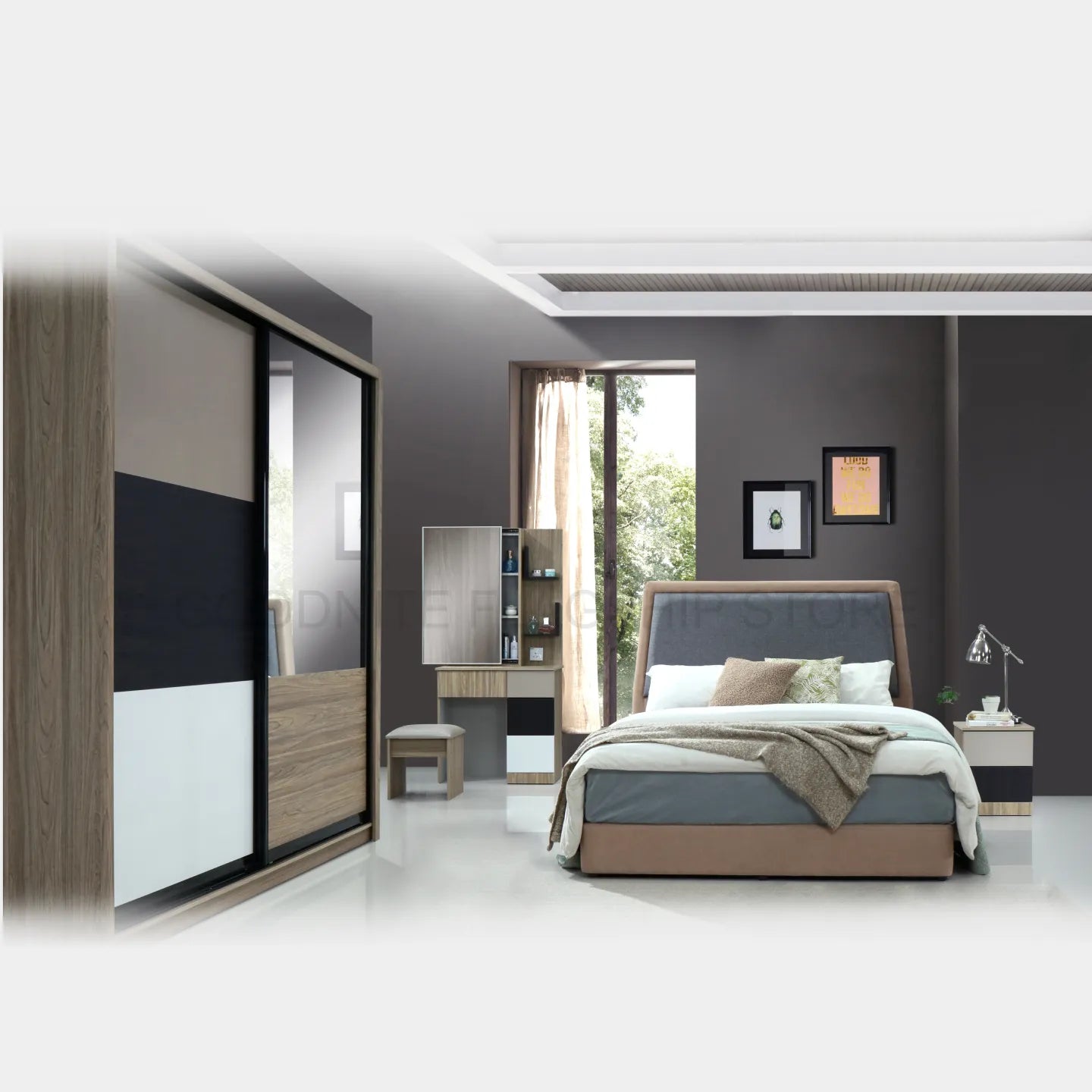 Goodnite Queen/ King Bedroom Set, Bedframe + Wardrobe + Dresser + Side Table (HR2316)
