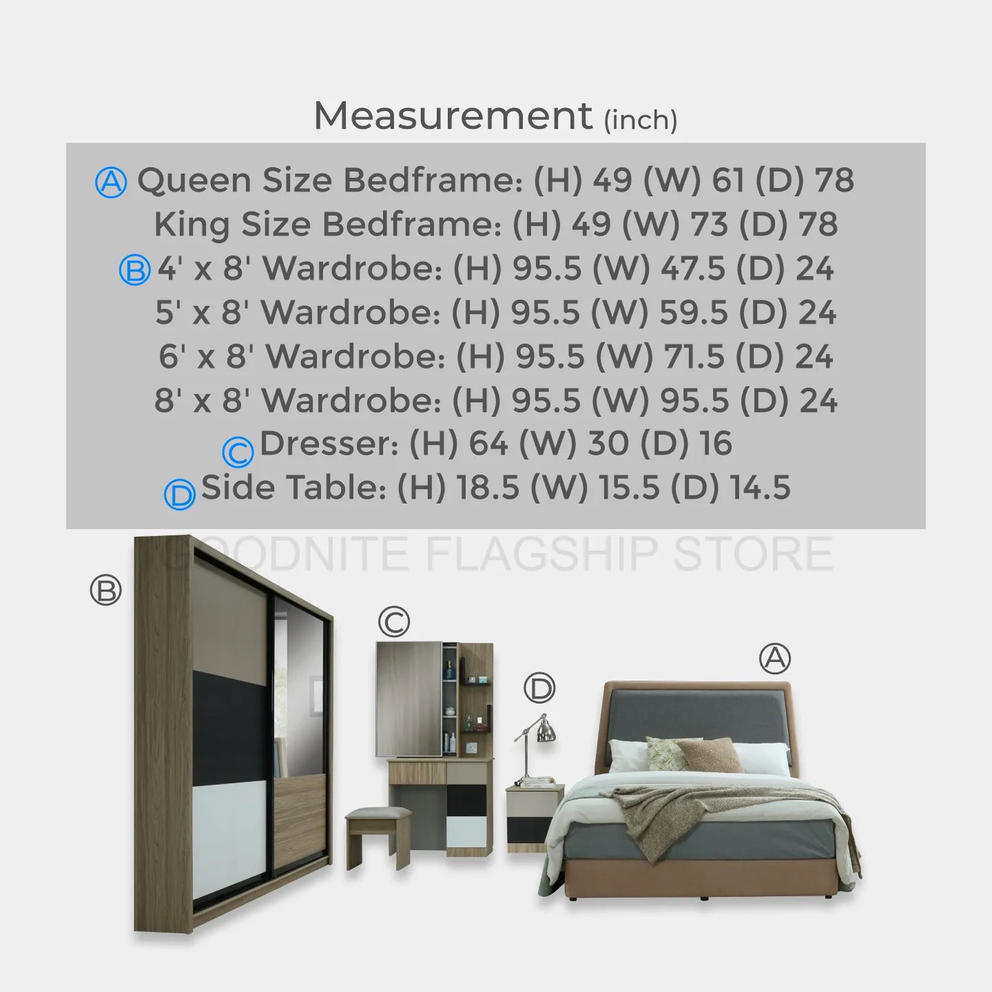 Goodnite Queen/ King Bedroom Set, Bedframe + Wardrobe + Dresser + Side Table (HR2316)