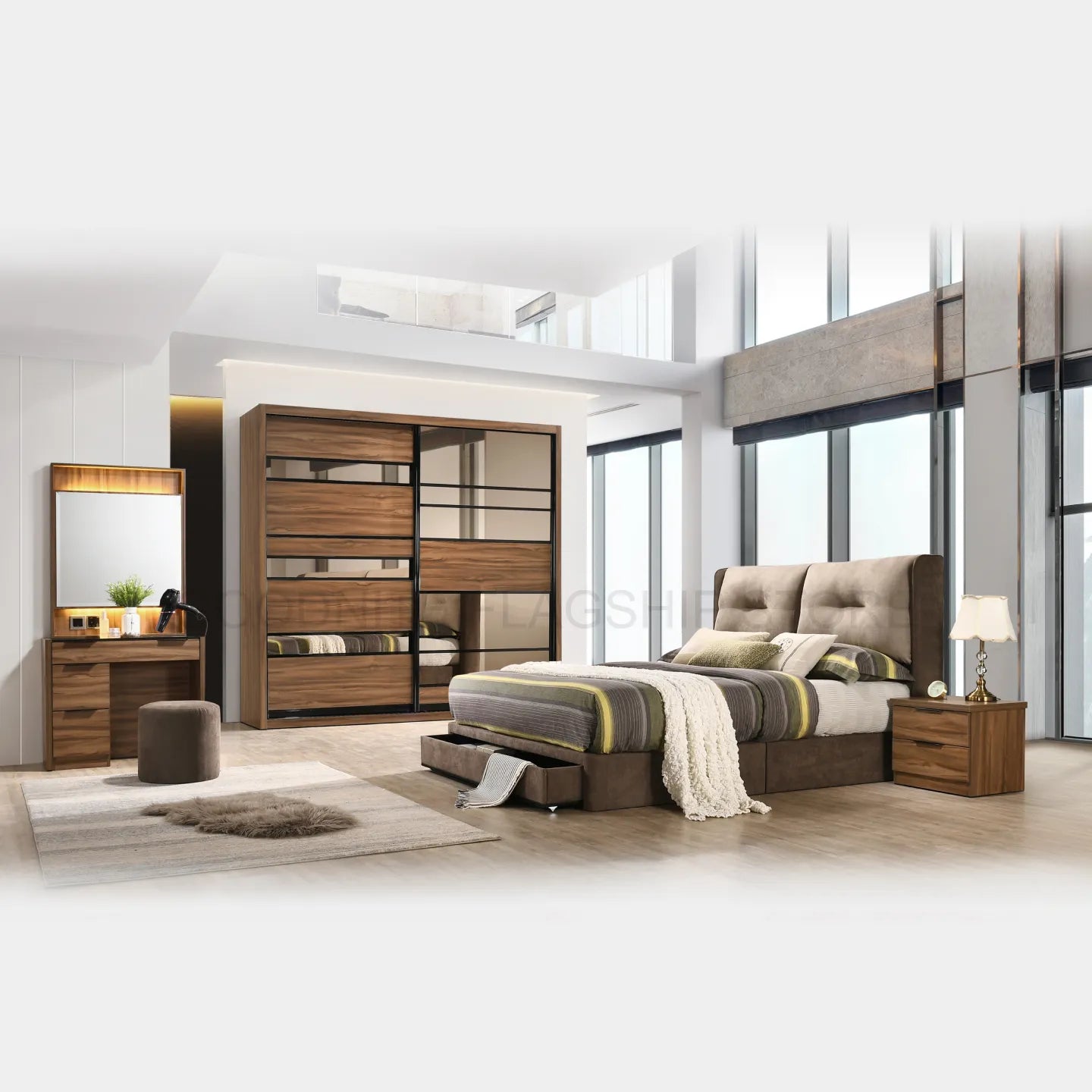 Goodnite Queen/ King Bedroom Set, Bedframe + Wardrobe + Dresser + Side Table (YM8843)