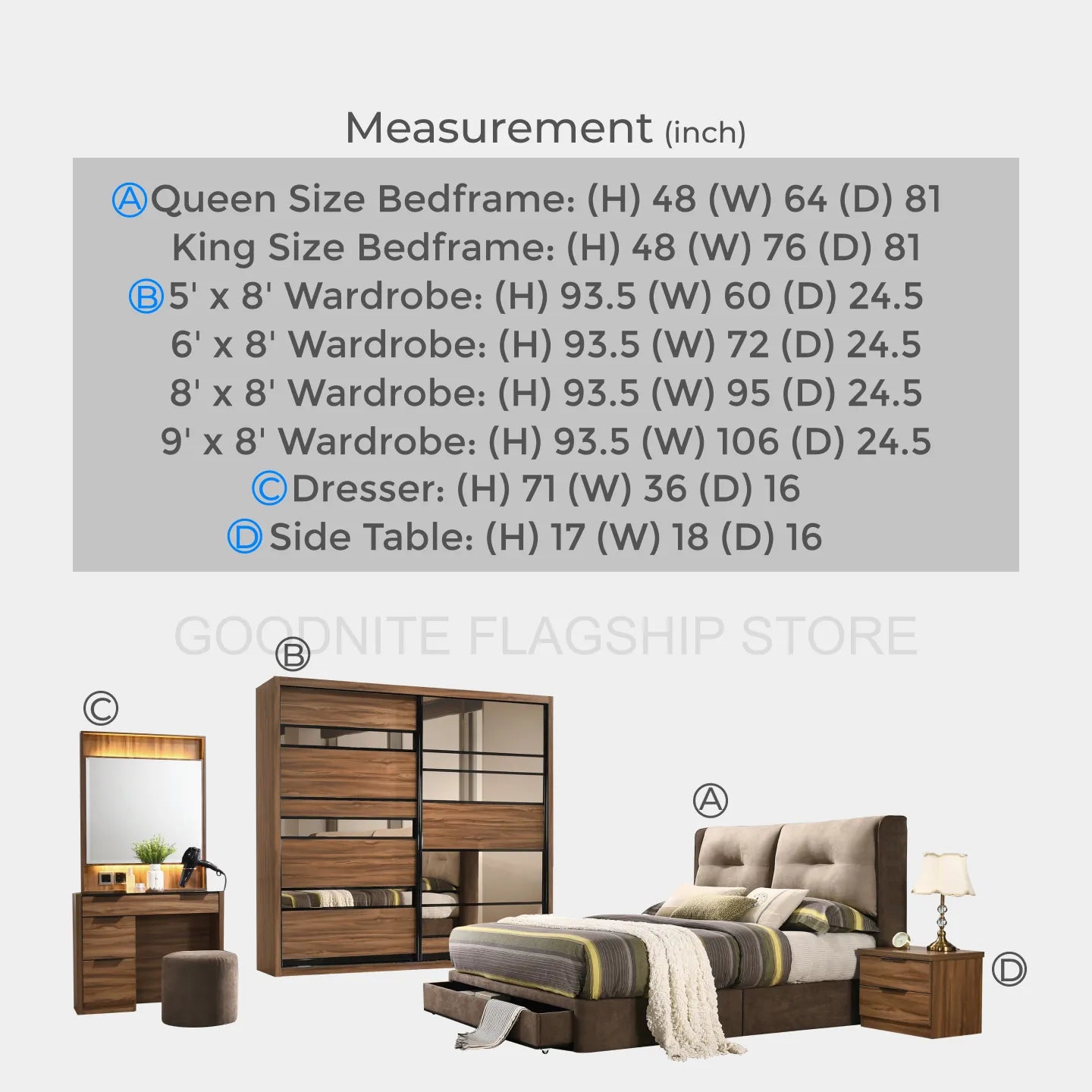 Goodnite Queen/ King Bedroom Set, Bedframe + Wardrobe + Dresser + Side Table (YM8843)