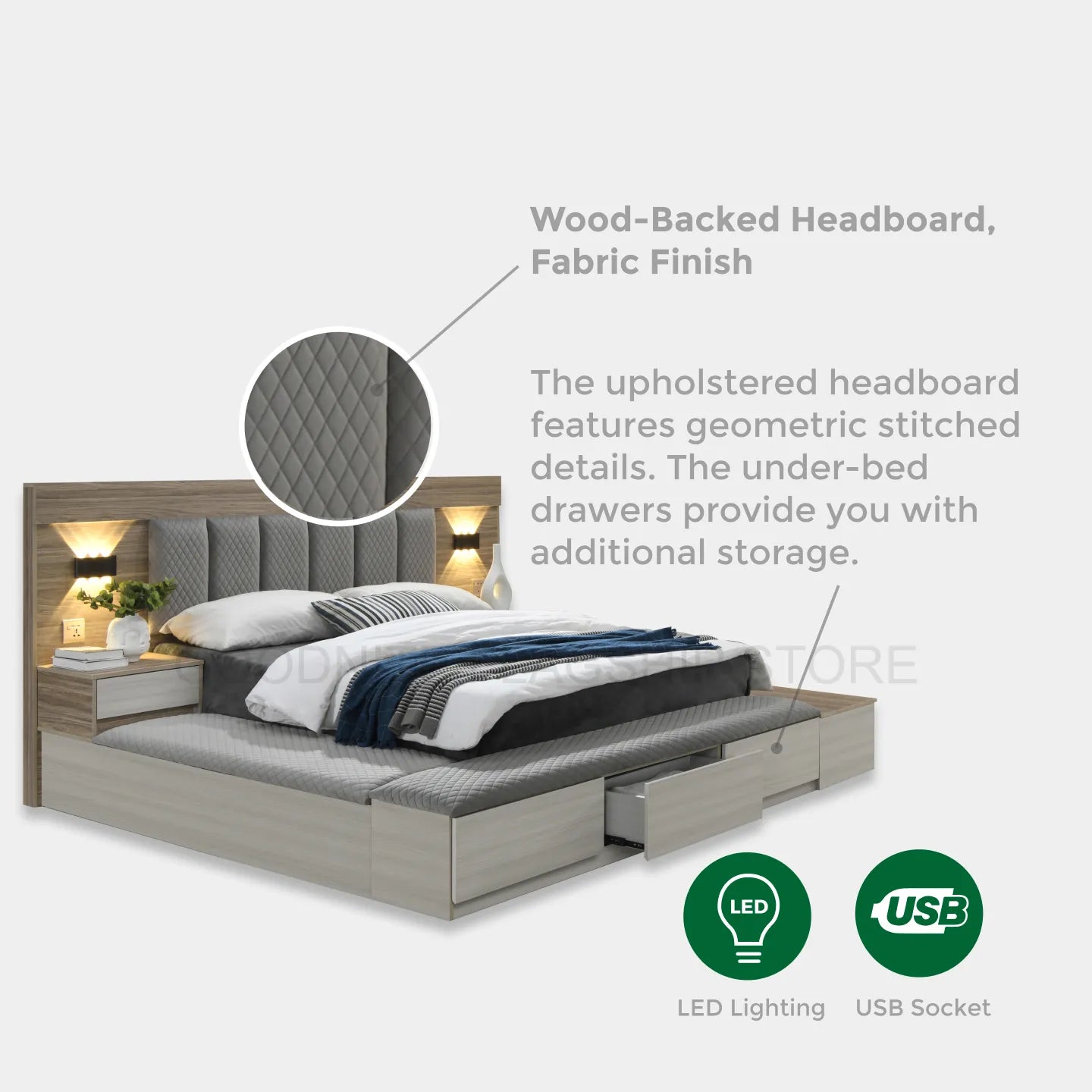 Goodnite Queen/ King Bedroom Set, Bedframe + Wardrobe + Dresser + Side Table (SP7803)