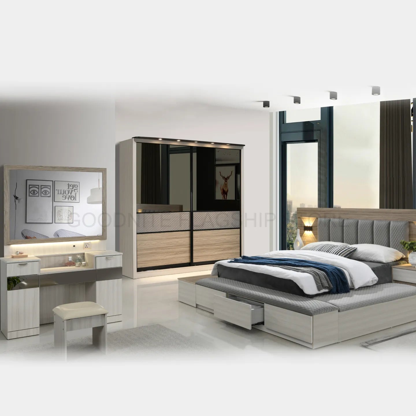 Goodnite Queen/ King Bedroom Set, Bedframe + Wardrobe + Dresser + Side Table (SP7803)