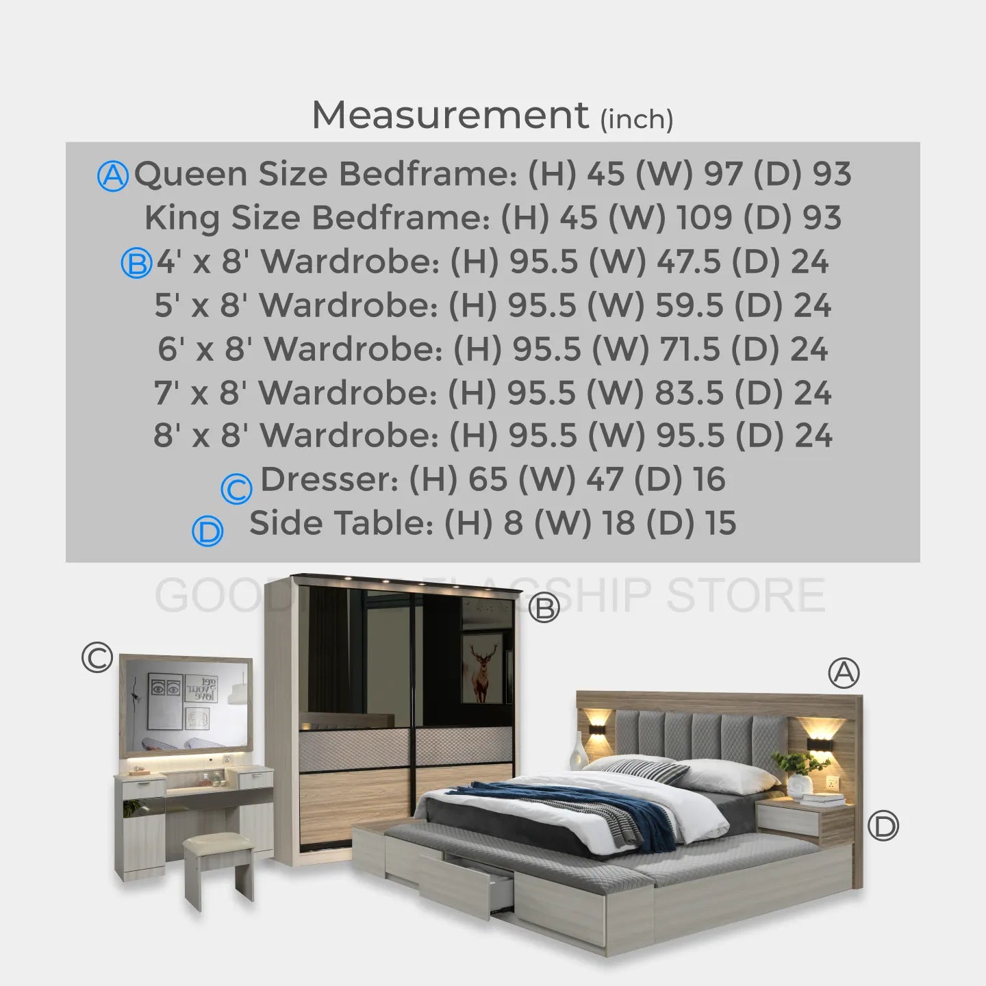 Goodnite Queen/ King Bedroom Set, Bedframe + Wardrobe + Dresser + Side Table (SP7803)
