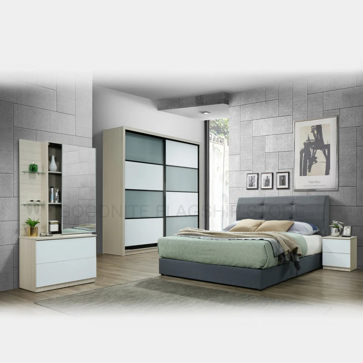 Goodnite Queen/ King Bedroom Set, Bedframe + 5ft x 8ft Wardrobe + Dresser + Side Table (HR2253)