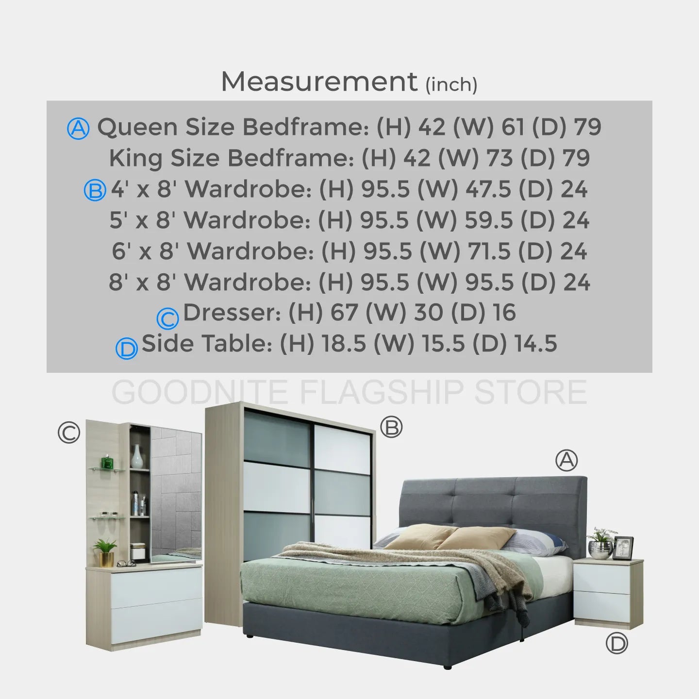Goodnite Queen/ King Bedroom Set, Bedframe + 5ft x 8ft Wardrobe + Dresser + Side Table (HR2253)