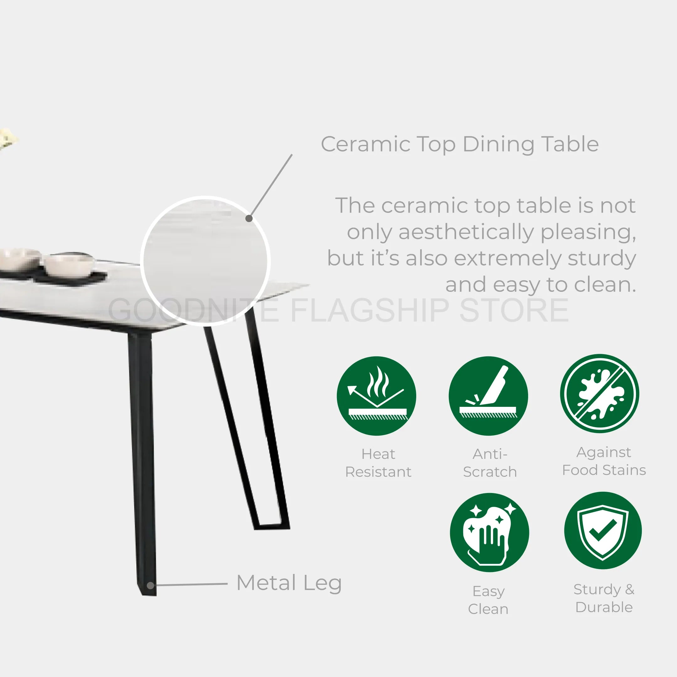 Goodnite (1+6) Ceramic Dining Set, Ceramic Top, Metal Leg, Fabric Chair