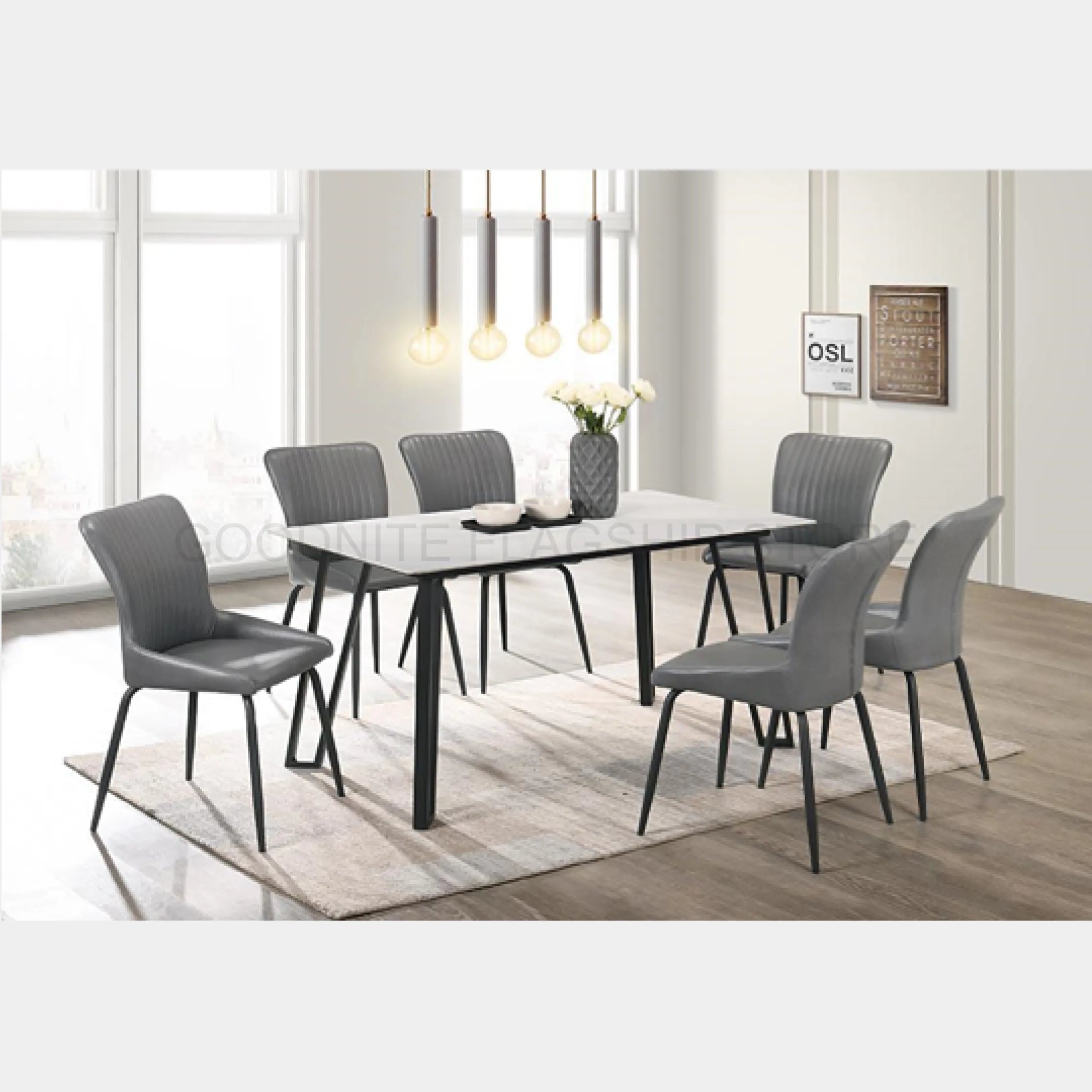 Goodnite (1+6) Ceramic Dining Set, Ceramic Top, Metal Leg, Fabric Chair