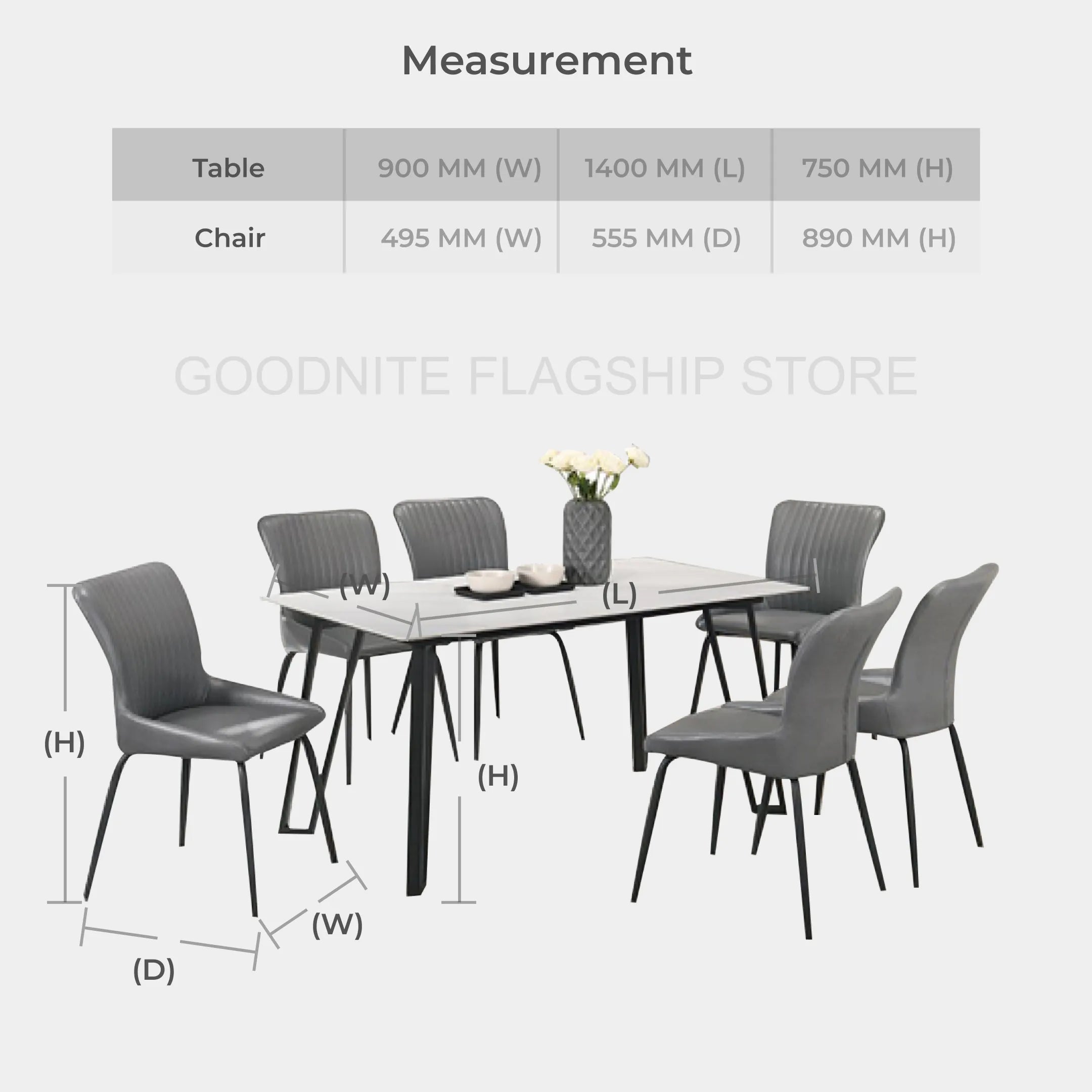 Goodnite (1+6) Ceramic Dining Set, Ceramic Top, Metal Leg, Fabric Chair