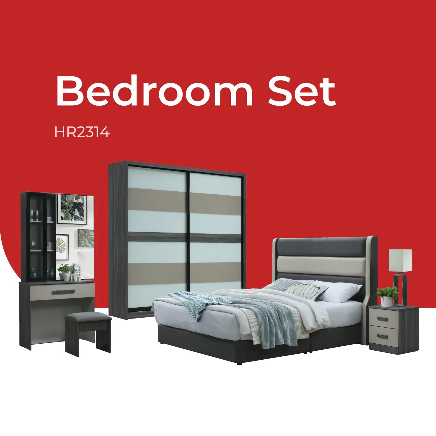 Goodnite Queen/ King Bedroom Set, Bedframe + Wardrobe + Dresser + Side Table (HR2314)