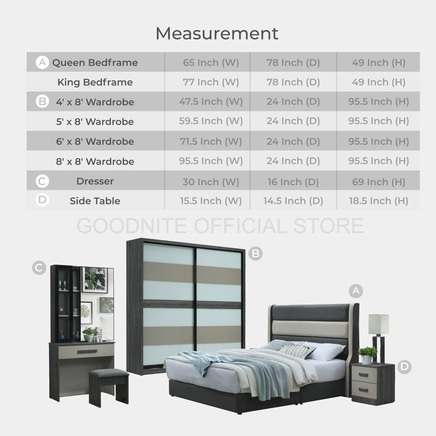 Goodnite Queen/ King Bedroom Set, Bedframe + Wardrobe + Dresser + Side Table (HR2314)