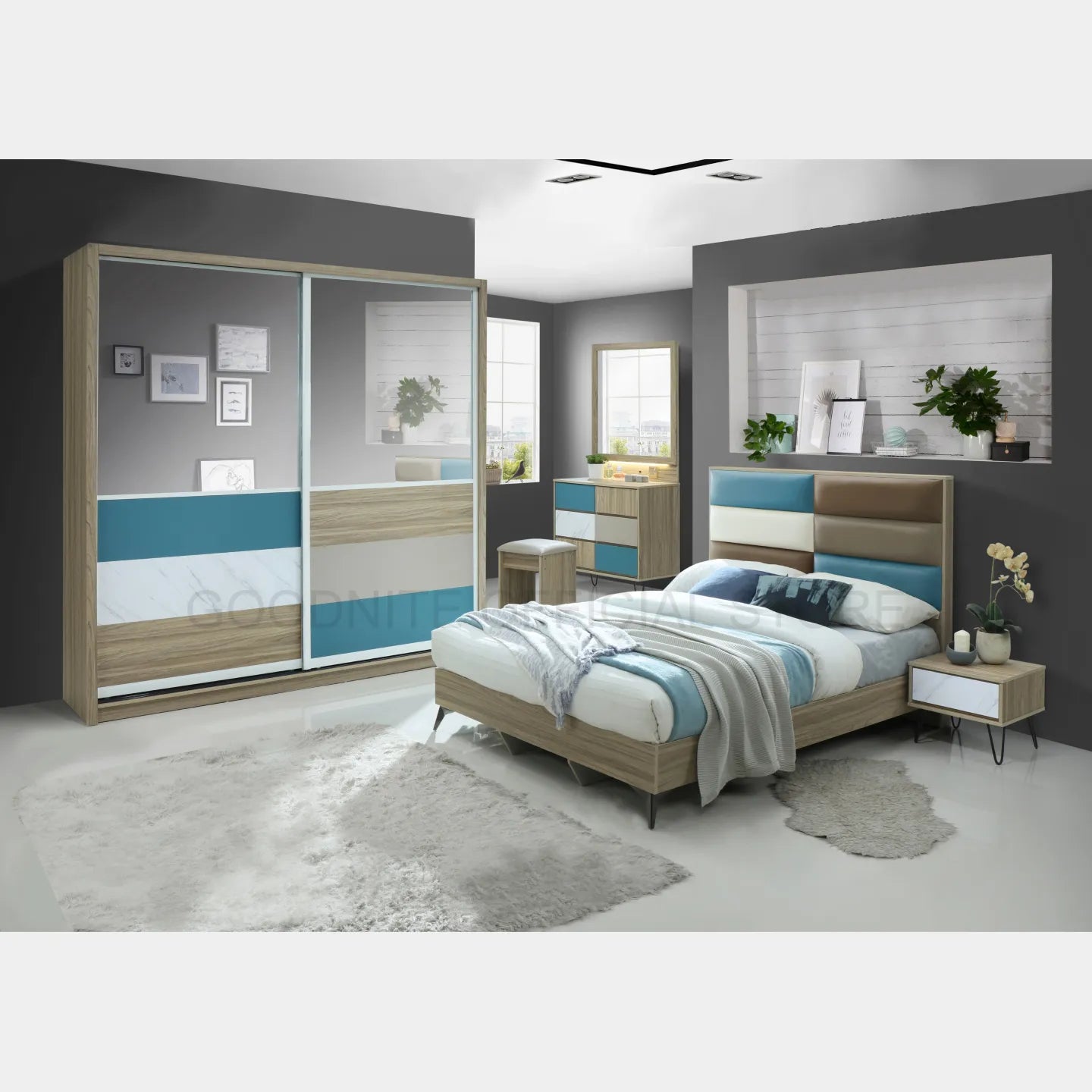 Goodnite Queen/ King Bedroom Set, Bedframe + Wardrobe + Dresser + Side Table (BAT6261)