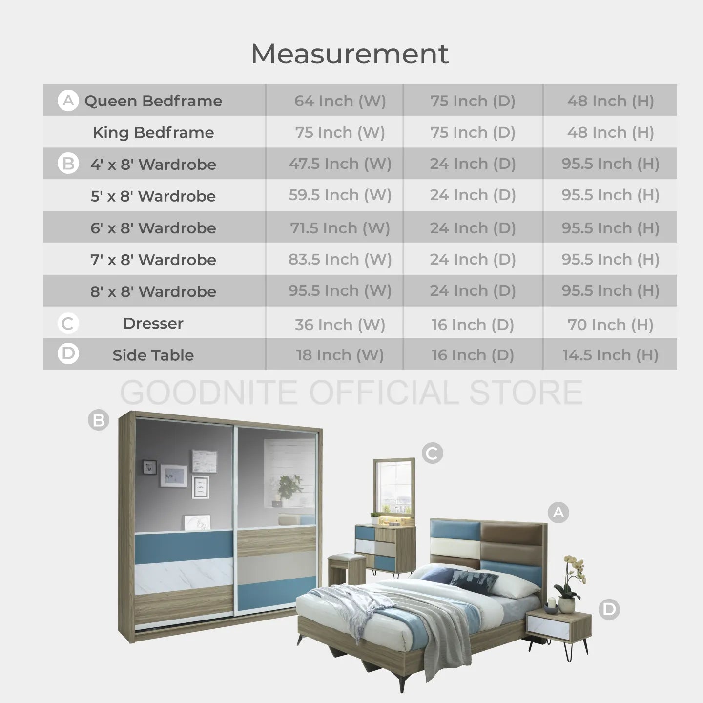 Goodnite Queen/ King Bedroom Set, Bedframe + Wardrobe + Dresser + Side Table (BAT6261)