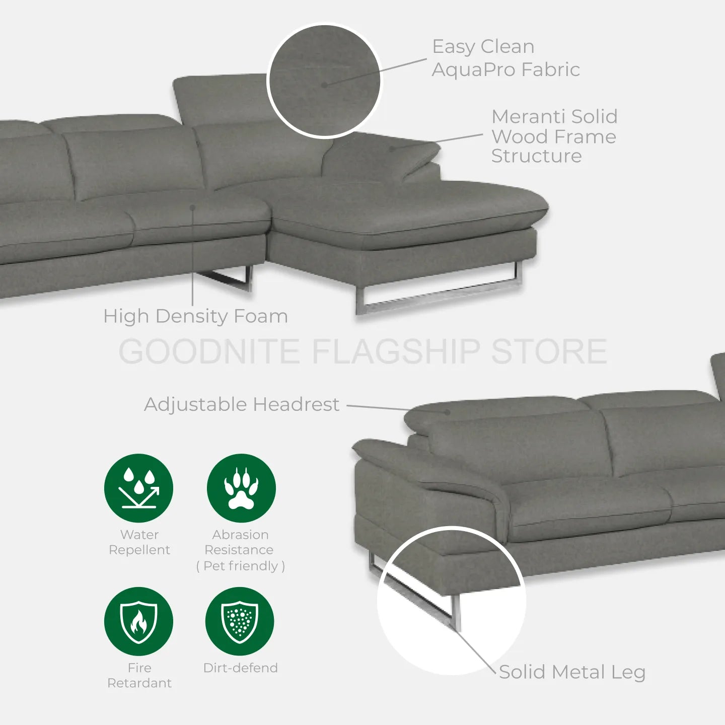 Goodnite Fabric L-Shape Sofa (8507L), 10 Years Warranty
