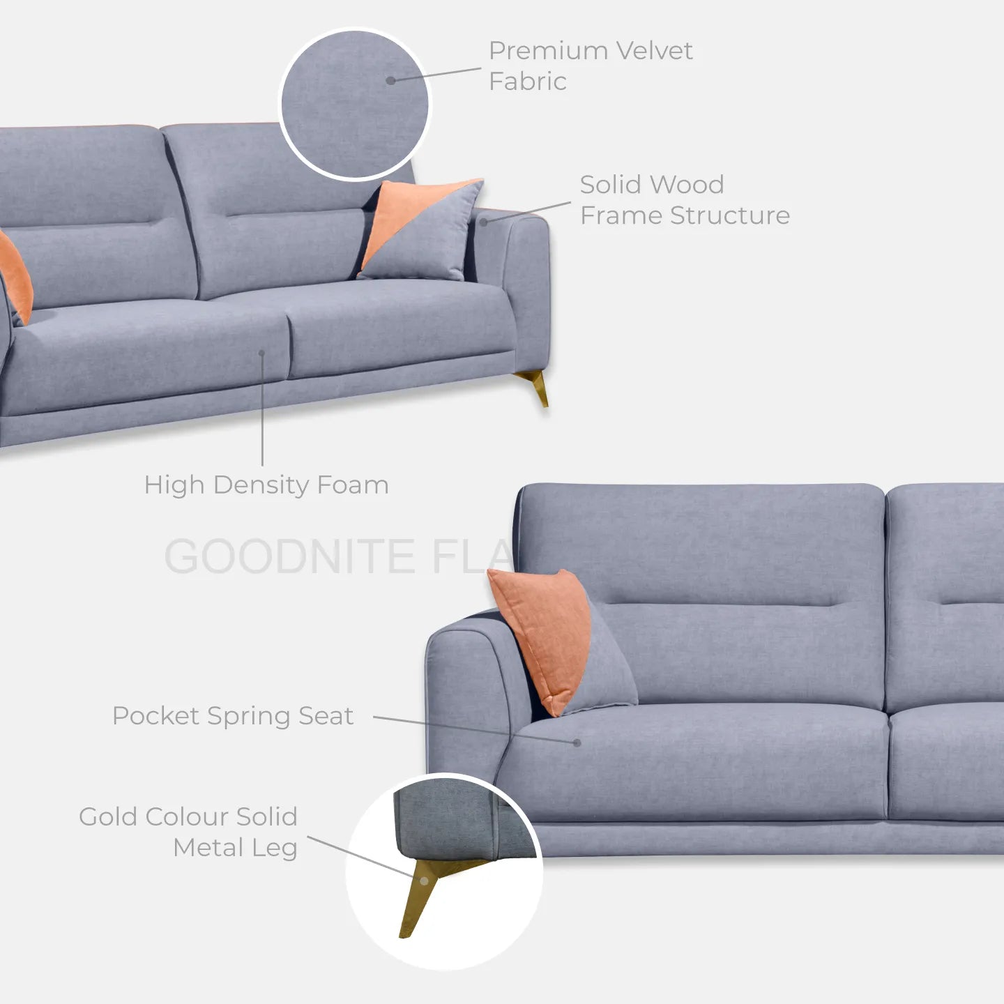 Goodnite Fabric Sofa (ML3709), 1 Seater/ 2 Seater/ 3 Seater/ 2+3 Seater, 5 Years Warranty