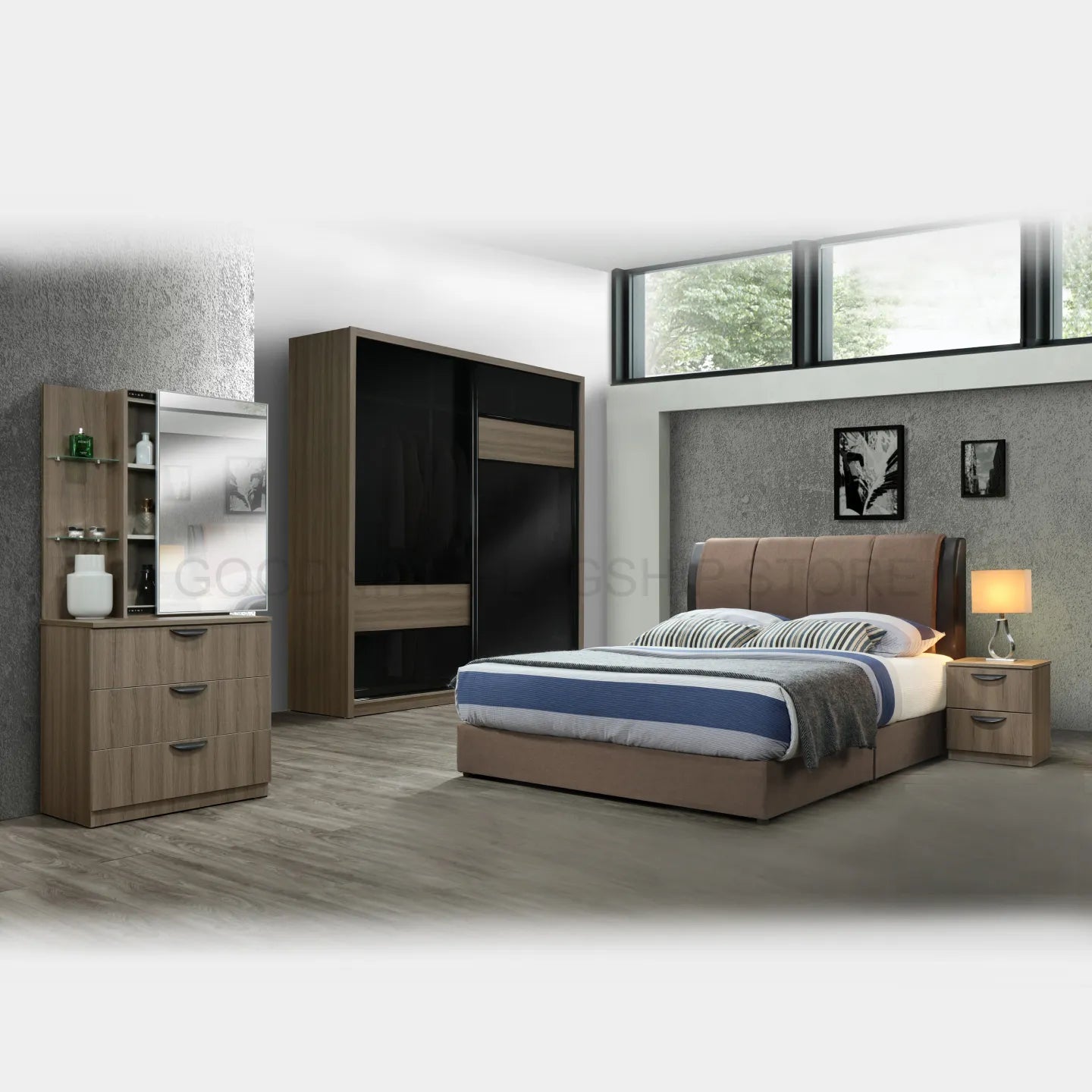 Goodnite Queen/ King Bedroom Set, Bedframe + Wardrobe + Dresser + Side Table (HR2251)