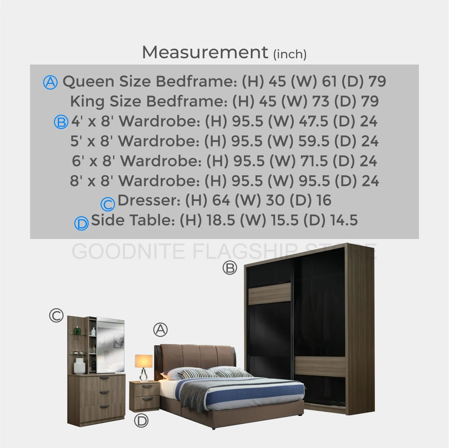 Goodnite Queen/ King Bedroom Set, Bedframe + Wardrobe + Dresser + Side Table (HR2251)
