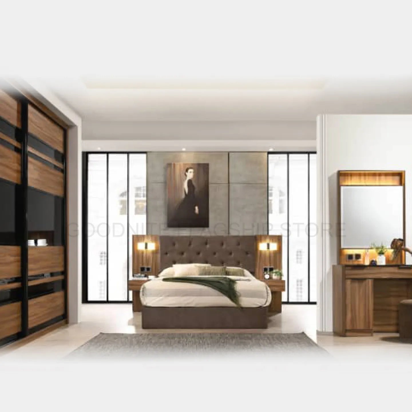 Goodnite Queen/ King Bedroom Set (YM8850), Bedframe + Wardrobe + Dresser + Side Table (YM8850)
