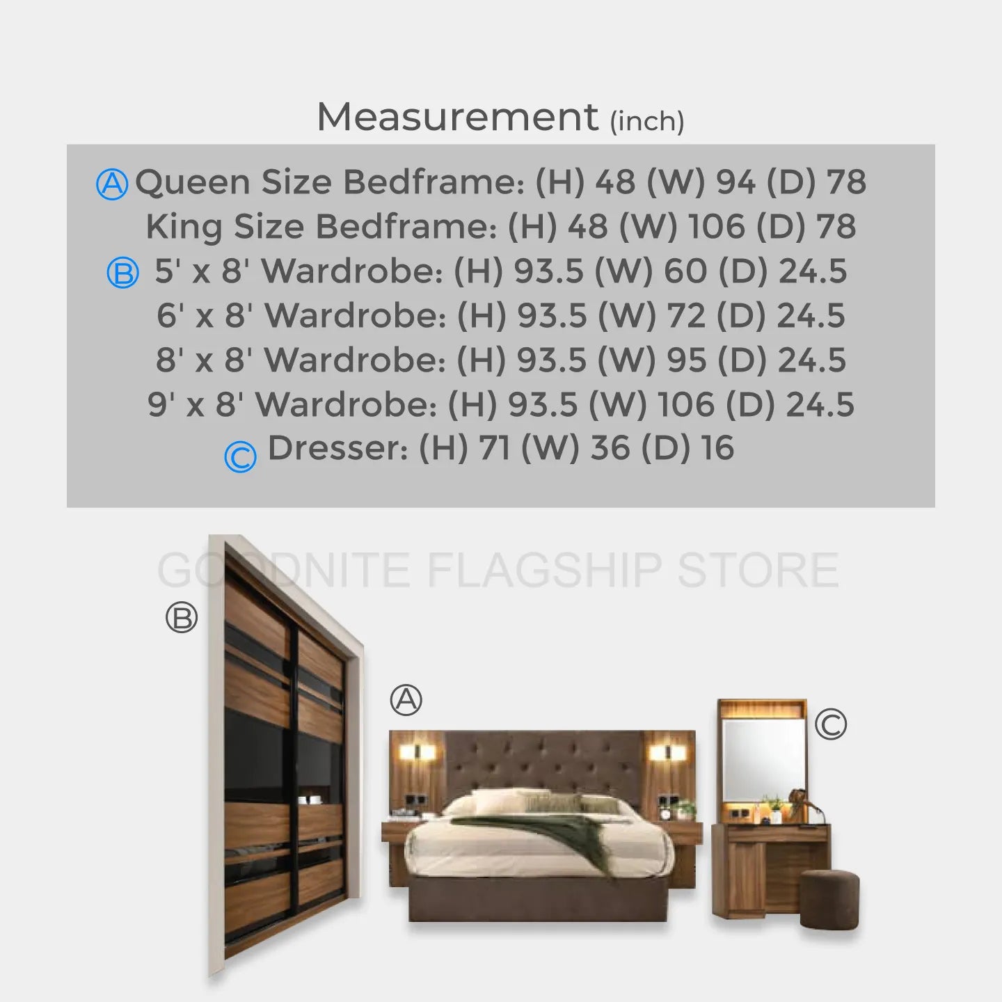 Goodnite Queen/ King Bedroom Set (YM8850), Bedframe + Wardrobe + Dresser + Side Table (YM8850)
