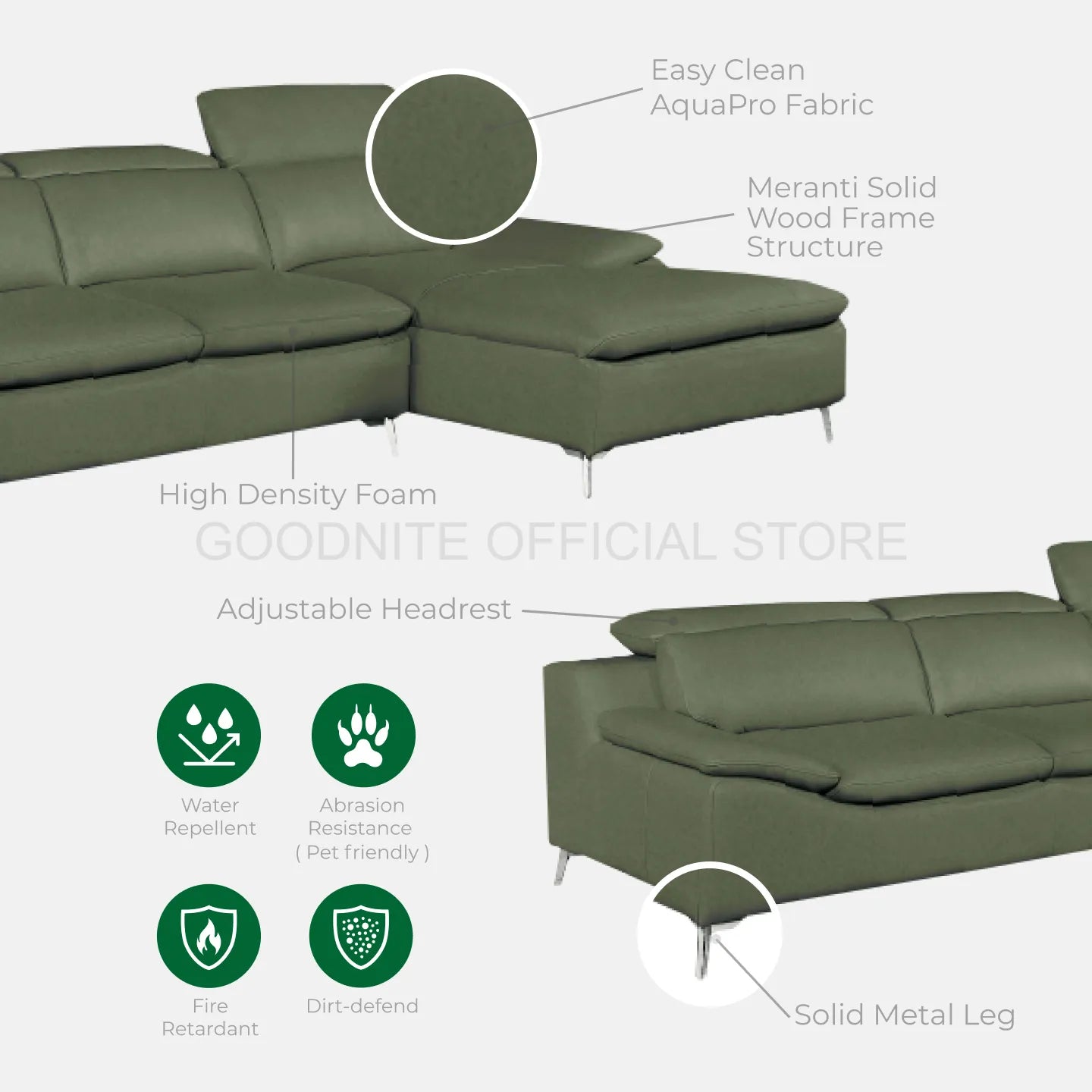 Goodnite Fabric L-Shape Sofa (8508L), 10 Years Warranty