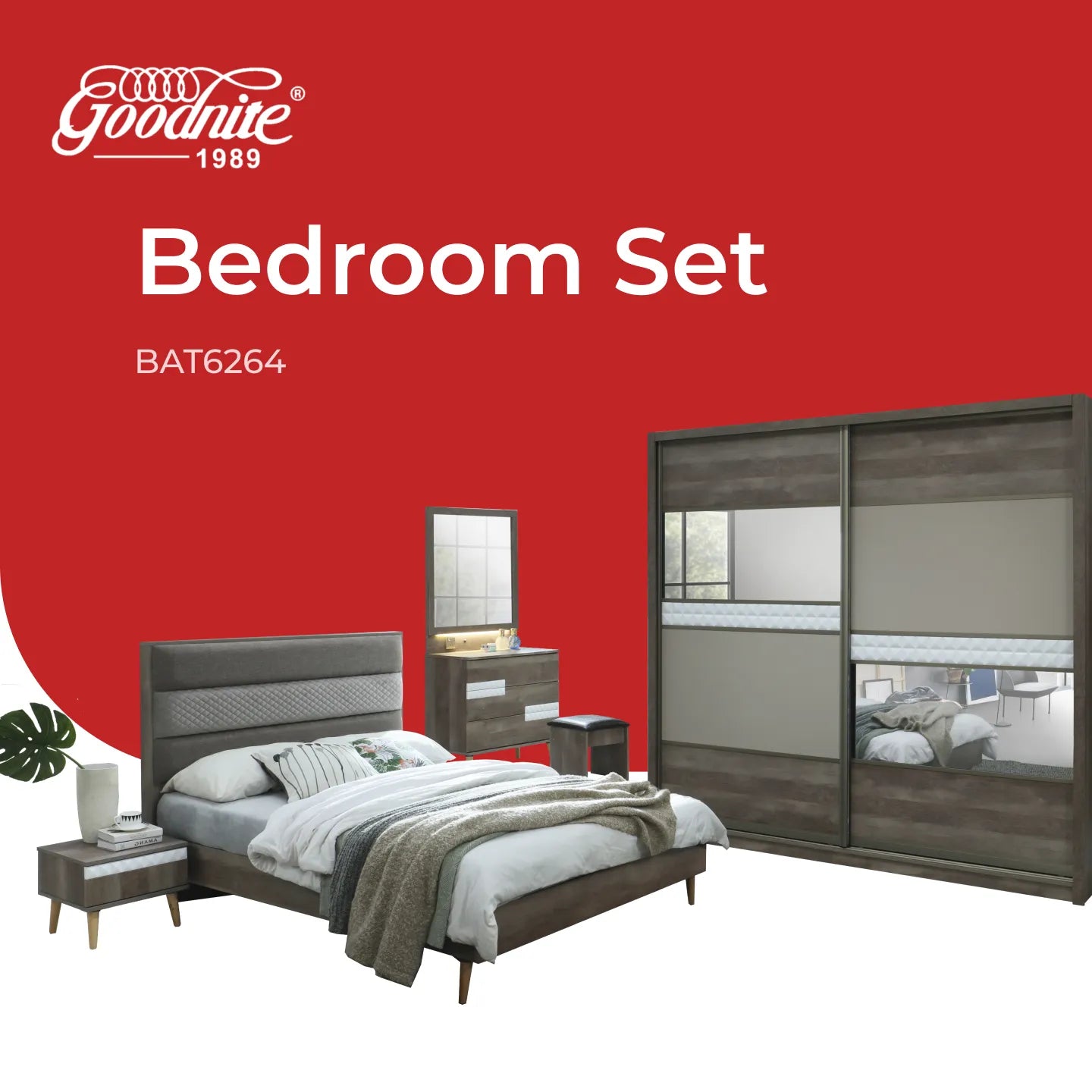 Goodnite Queen/ King Bedroom Set, Bedframe + Wardrobe + Dresser + Side Table (BAT6264)