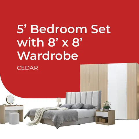 Goodnite Queen/ King Bedroom Set, Bedframe + Wardrobe + Dresser + Side Table (Cedar)