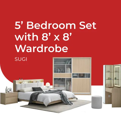 Goodnite Queen/ King Bedroom Set, Bedframe + Wardrobe + Dresser + Side Table (Sugi)
