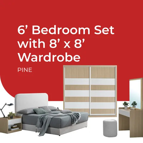 Goodnite Queen/ King Bedroom Set, Bedframe + Wardrobe + Dresser + Side Table (Pine)
