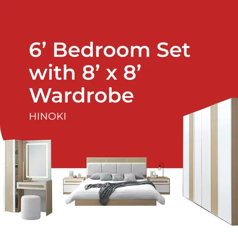 Goodnite Queen/ King Bedroom Set, Bedframe + Wardrobe + Dresser + Side Table (Hinoki)
