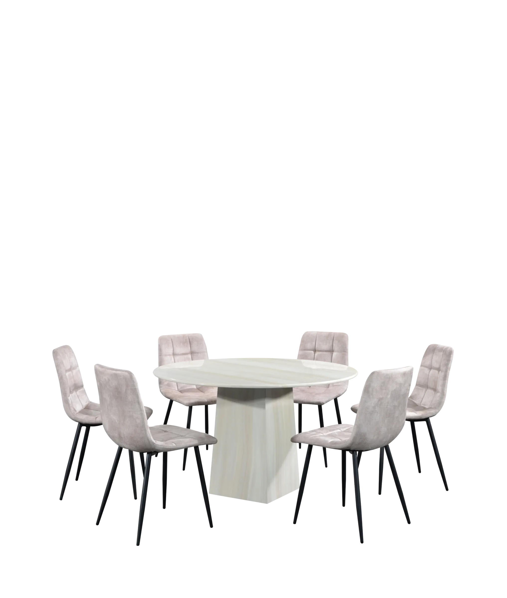 Goodnite (1+6) Marble Dining Set (W 1200mm), Full Marble Table, Metal Leg, Fabric Chair