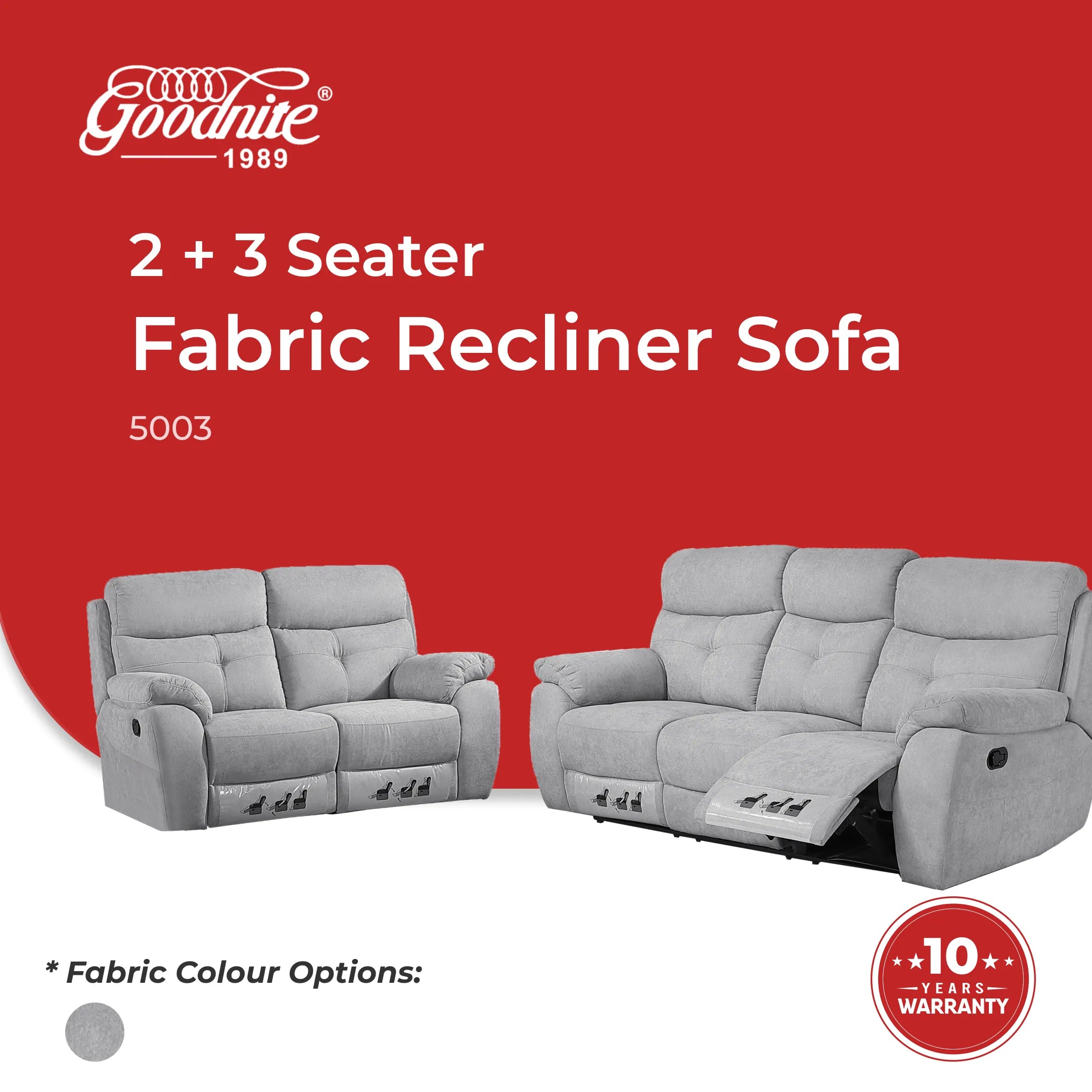 Goodnite Fabric Recliner Sofa (5003), 1 Seater Recliner/ 2 Seater Recliner/ 3 Seater Recyliner/ 2RR+3RR Seater, 10 Years Warranty