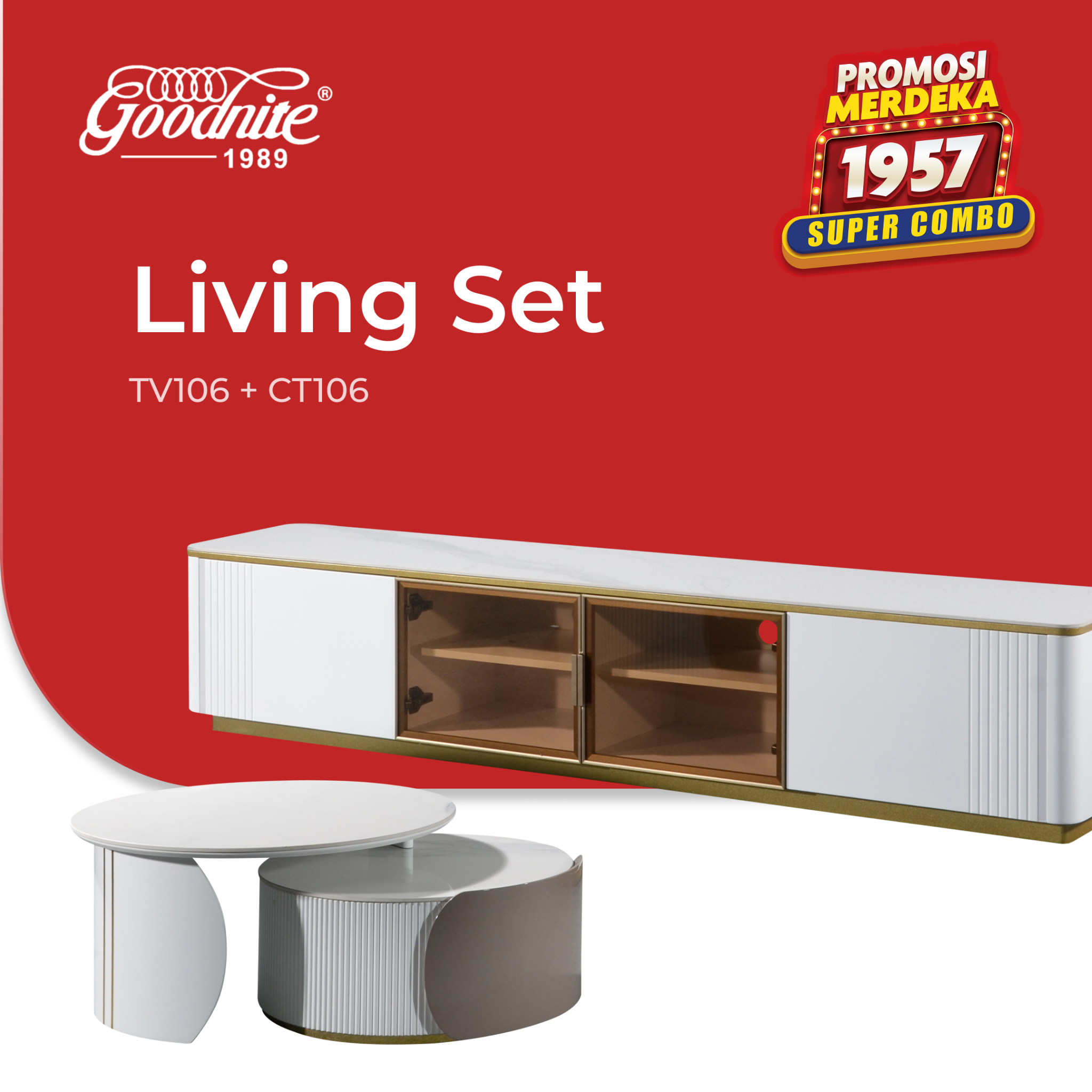 Goodnite Living Set (TV106+CT106), 6.5Ft TV Cabinet/ Coffee Table (Ceramic Top, Glass Door)