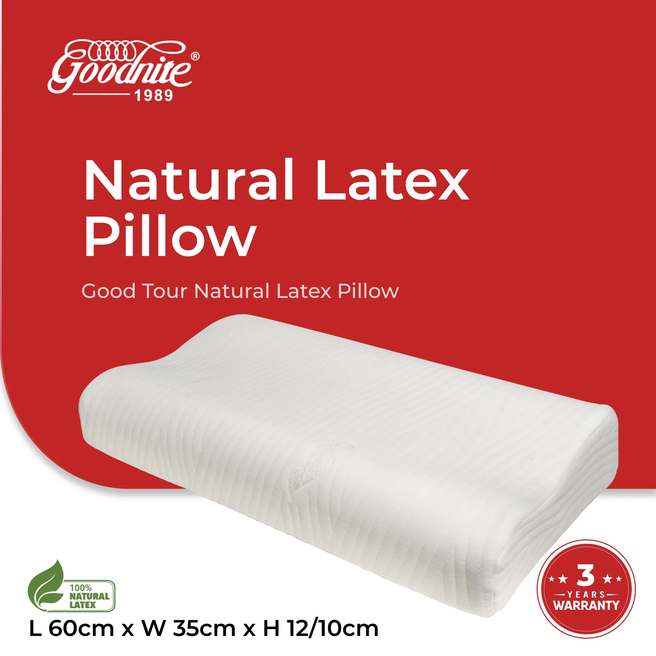 Goodnite Good Tour Contour Latex Pillow 60cm x 35cm x 12/10cm
