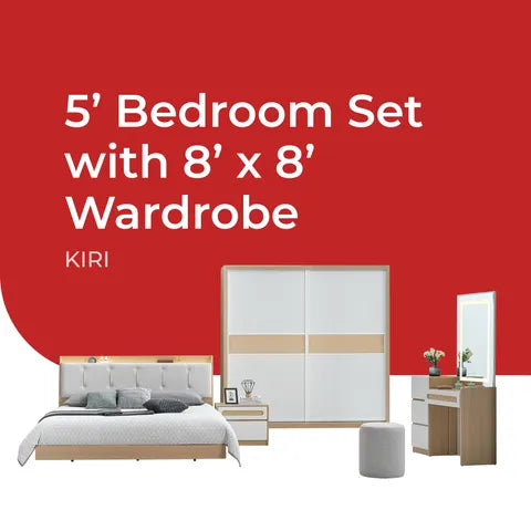 Goodnite Queen/ King Bedroom Set, Bedframe + Wardrobe + Dresser + Side Table (Kiri)