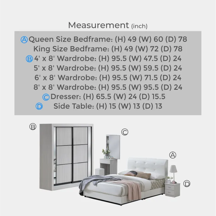 Goodnite Queen/ King Bedroom Set, Bedframe + Wardrobe + Dresser + Side Table (YXE377)