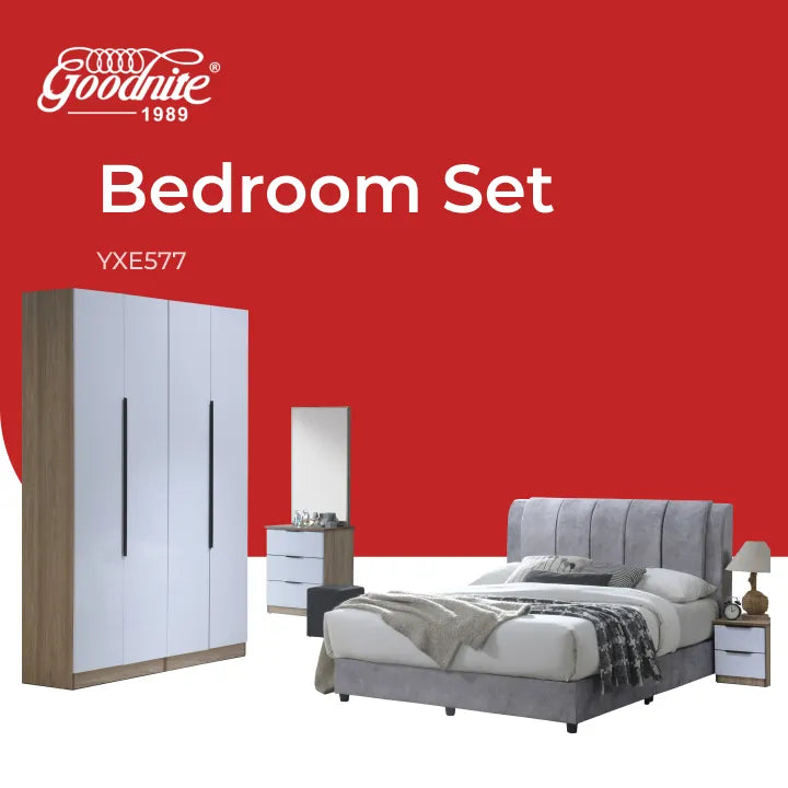 Goodnite Queen/ King Bedroom Set, Bedframe + Wardrobe + Dresser + Side Table (YXE577)