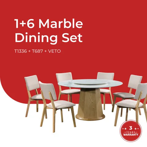 Goodnite (1+6) Nano Marble Dining Set (R 1350mm), Nano Marble Top Table, Wooden Leg, Fabric Chair