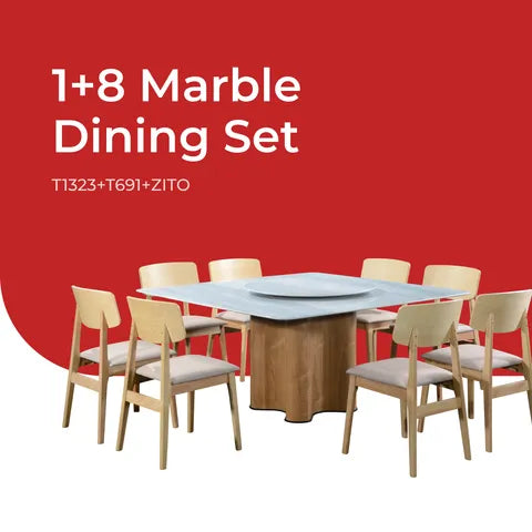 Goodnite (1+8) Nano Marble Dining Set (1500x1500mm), Nano Marble Top Table, Wooden Leg, Fabric Chair