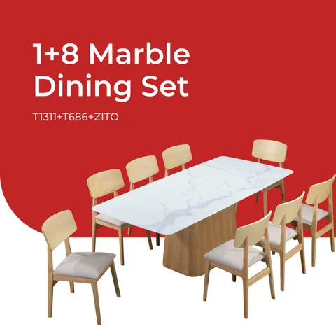 Goodnite (1+8) Nano Marble Dining Set (2000mm), Nano Marble Top Table, Wooden Leg, Fabric Chair