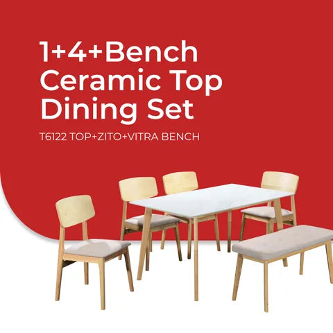 Goodnite (1+4+Bench) Ceramic Dining Set, Ceramic Top, Solid Rubber Wood