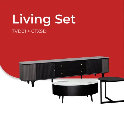 Goodnite Living Set, 6.5FT TV Cabinet + Glass Top Coffee Table