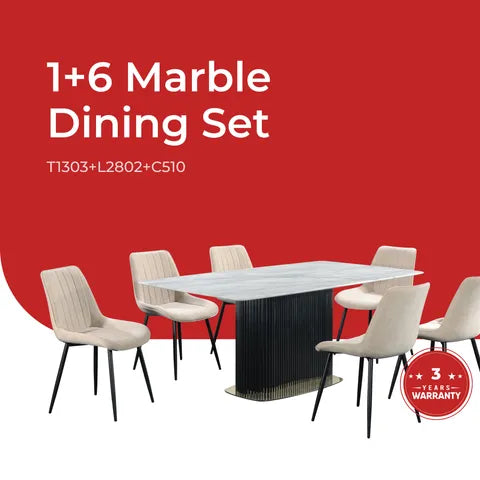 Goodnite (1+6) Marble Dining Set (W 1800mm), Nano Marble Table, Metal Leg, Fabric Chair