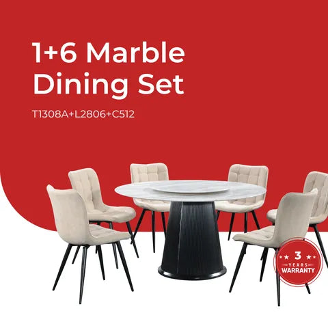 Goodnite (1+6) Marble Dining Set (W 1350mm) / (1+8) Marble Dining Set (W 1500mm), Nano Marble Table, Metal Leg, Fabric Chair