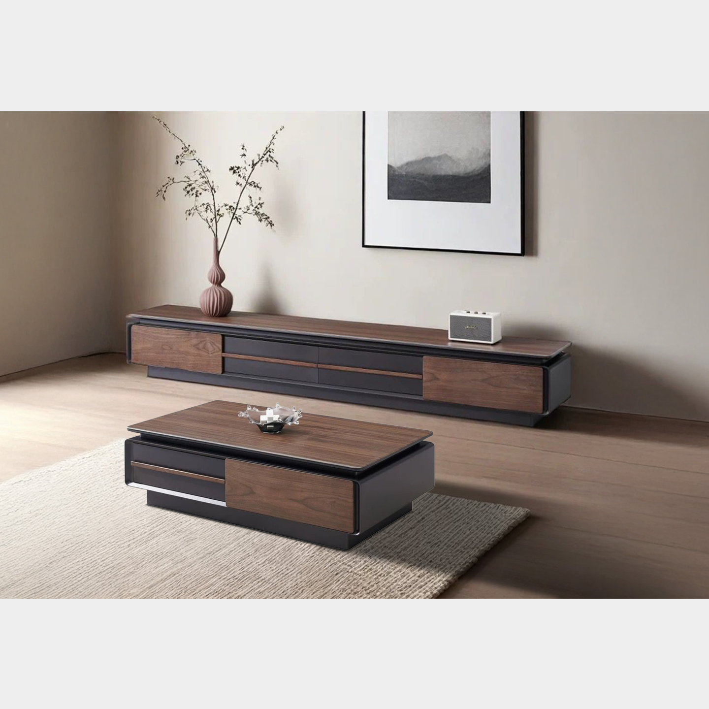 Goodnite Living Set, 6.5FT Tech Stone Top TV Cabinet + Coffee Table