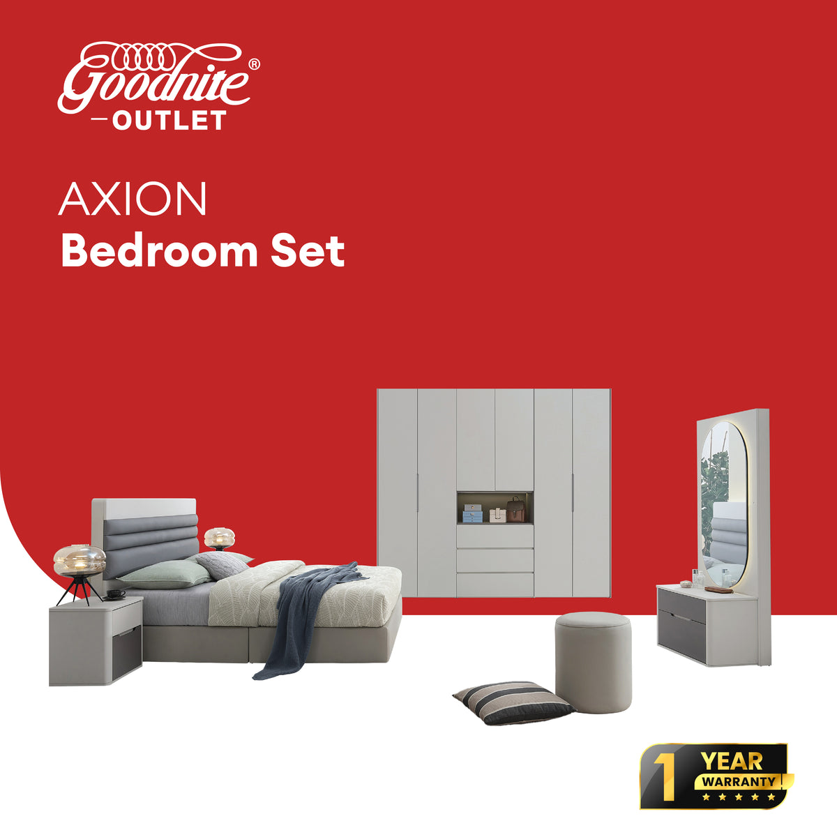 Goodnite Queen/ King Bedroom Set, Bedframe + Wardrobe + Dresser + Side Table (Axion)