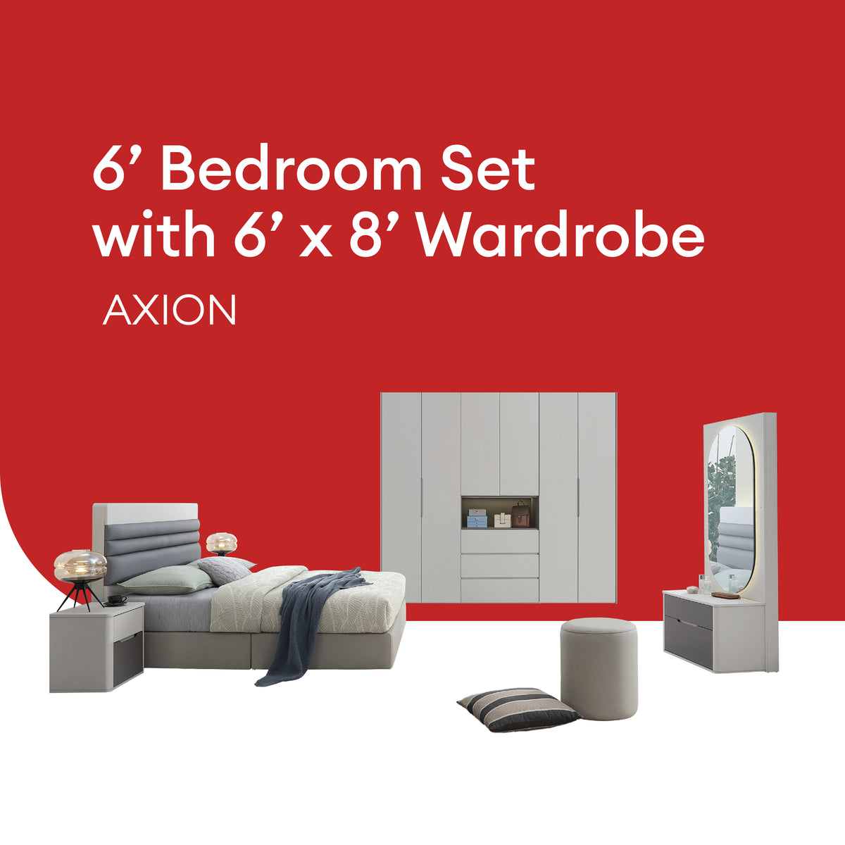 Goodnite Queen/ King Bedroom Set, Bedframe + Wardrobe + Dresser + Side Table (Axion)