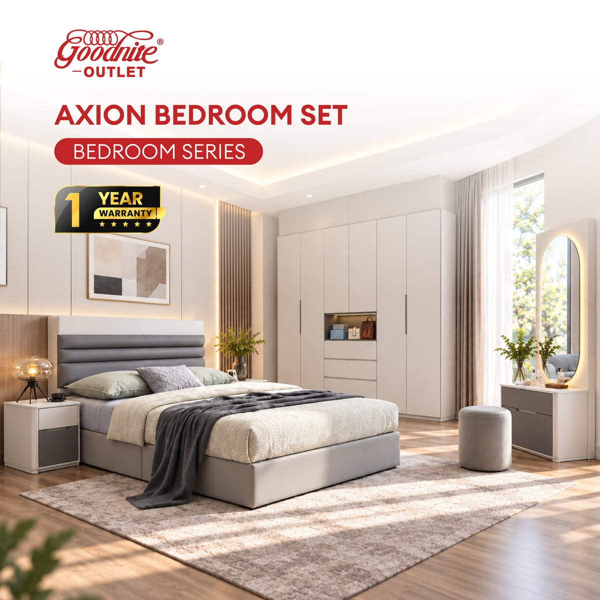 Goodnite Queen/ King Bedroom Set, Bedframe + Wardrobe + Dresser + Side Table (Axion)