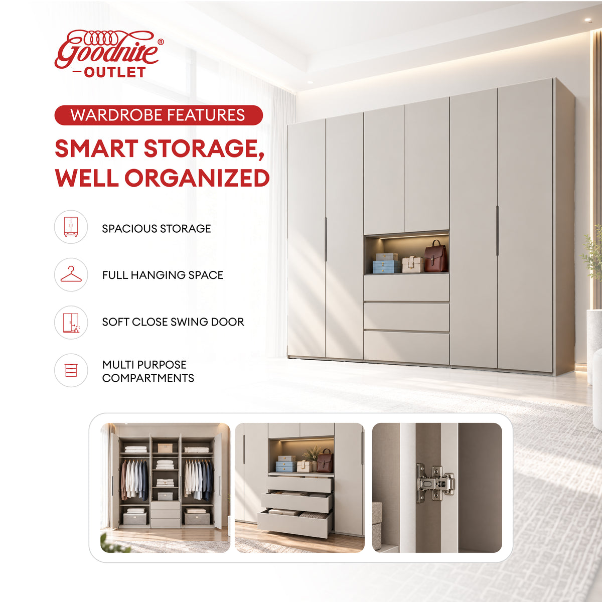 Goodnite Queen/ King Bedroom Set, Bedframe + Wardrobe + Dresser + Side Table (Axion)